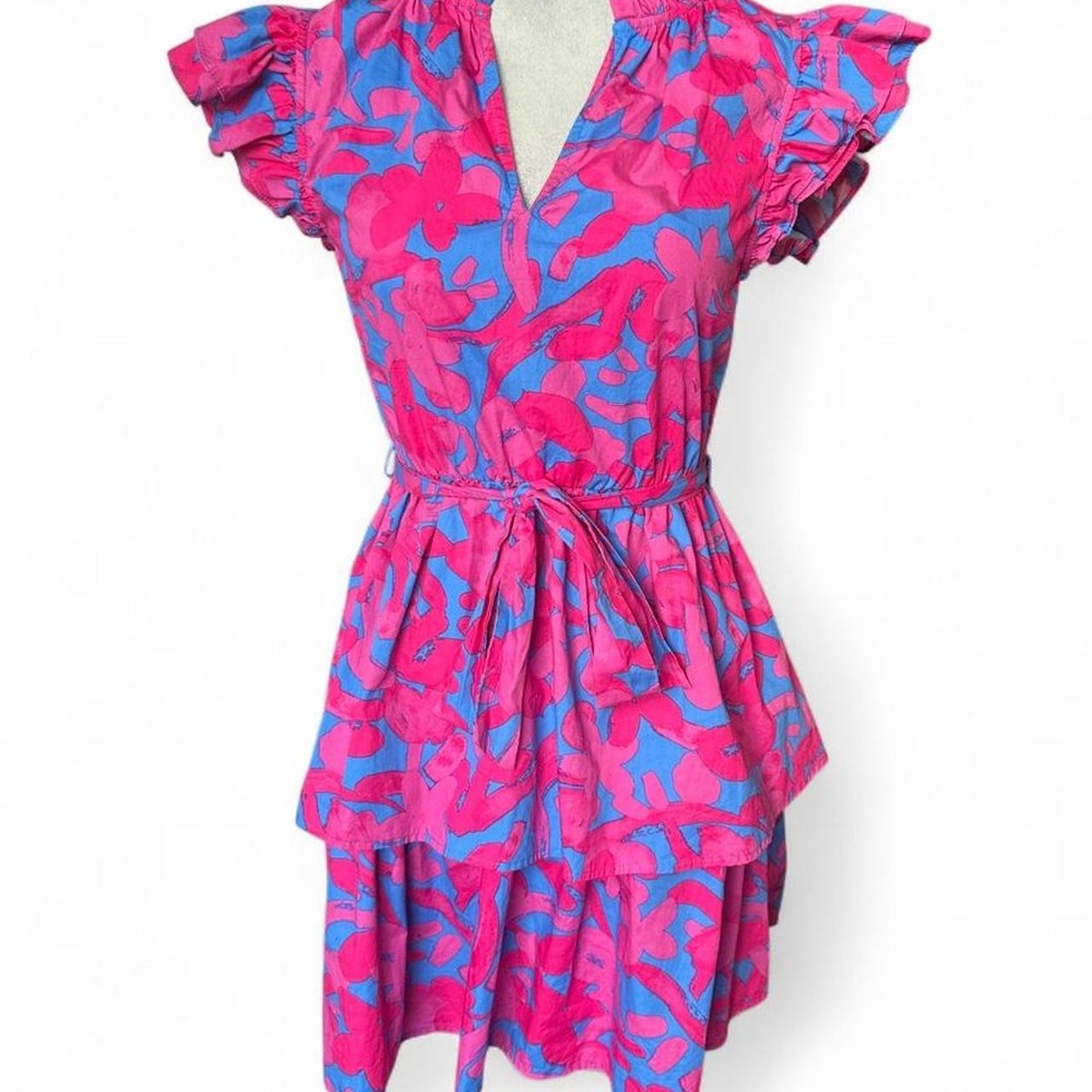 SUGARLIPS Pink & Blue Abstract Floral Tiered Ruffle Mini Dress Belted XS